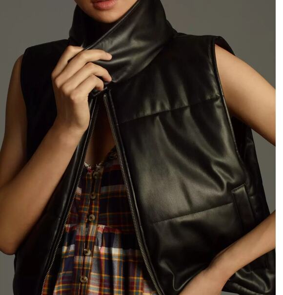 Anthropologie Jackets & Blazers - Anthropologie Faux Leather Puffer Vest Black Cropped Full Zip Pockets Size Small